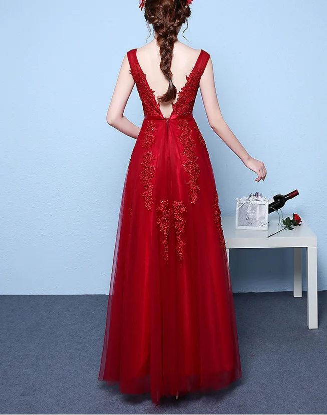 Robe demoiselle d'honneur2018 Сексуальная V шеи тюль груша видеть бордовый Румяна серебро нарядные платья Длинные Дешевые нарядное платье