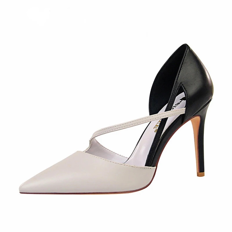 

shoes woman 10cm princess dress feminino Thin Heels Pointed Toe Color block pumps Summer buckle sandals Drop shipping 35-40