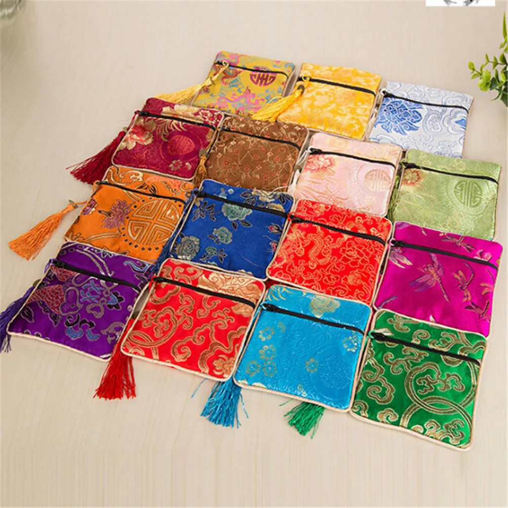 1PC Silk Jewelry Chinese Style Coin Tassel Zipper Pouch Bags Wedding Party M&R 