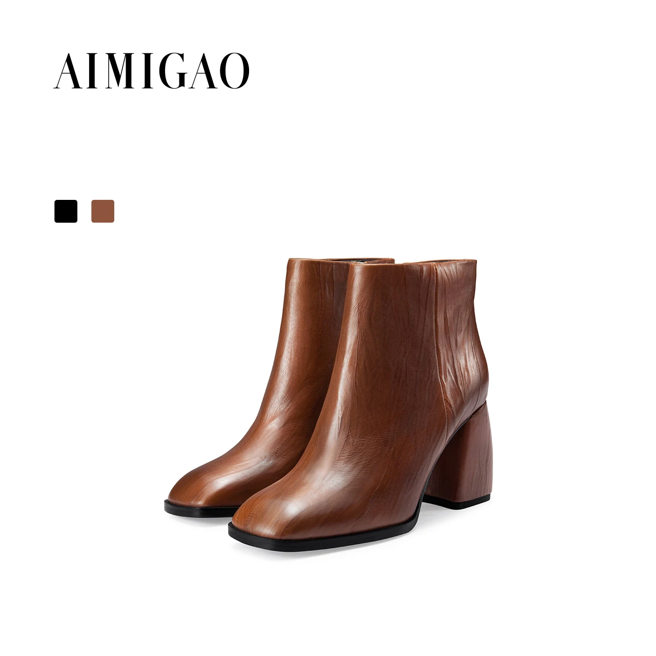 

AIMIGAO Cowhide leather ankle boots para mulheres Square toe thick high heel women fashion side zipper ankle boots 2017 winter