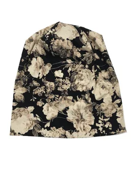

B-17811 Fashion denim flower printed skullcap denim cotton beanie good stretchy flower hat for women design custom