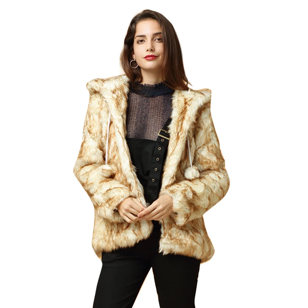 Spring Fashion Warm Women Outwear Beige Cute Bear Chic Faux Fur Coats