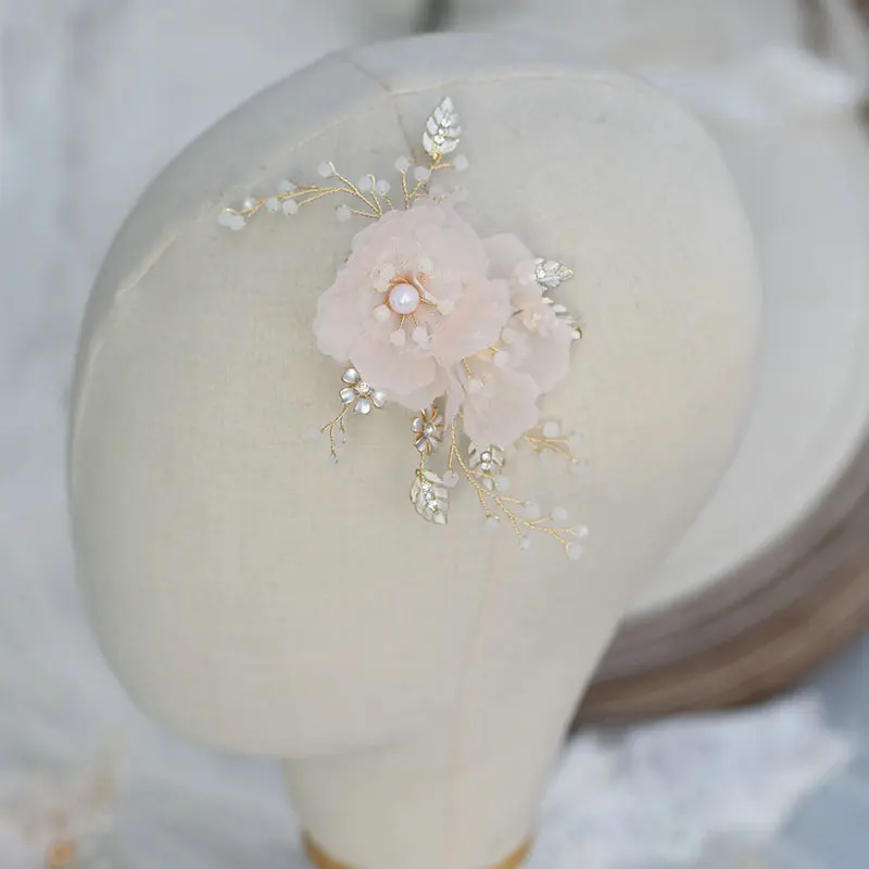 

Chiffon Flower Hairpin Fabric Flowers Hair Clip Enamel Leaves Wedding Hair Accessories Rhinestone Bridal Headpiece