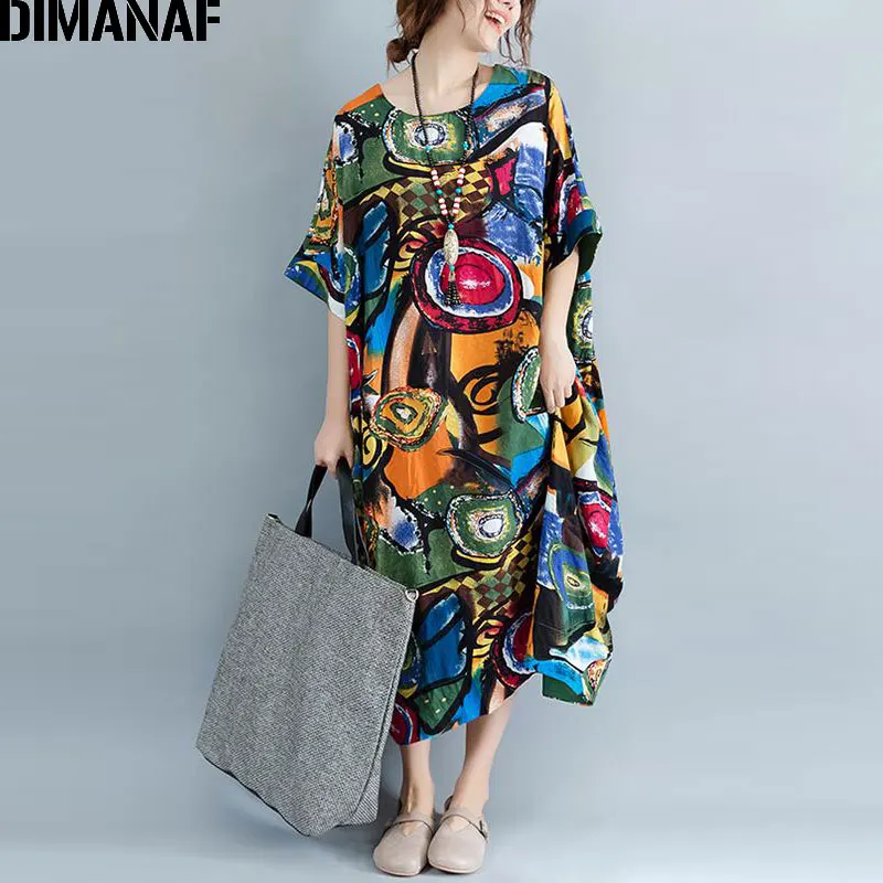 Vente DIMANAF femmes robe grande taille été motif imprimé lin coloré femme lâche chauve souris décontracté rétro Vintage grande taille robes
