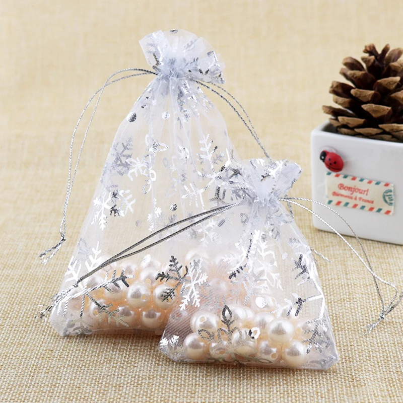 Оптовая продажа ювелирных изделий Сумки 100 шт. 7*9 см прозрачный мешочек из органзы Белый Snow Flake дизайн Рождественский подарок конфеты