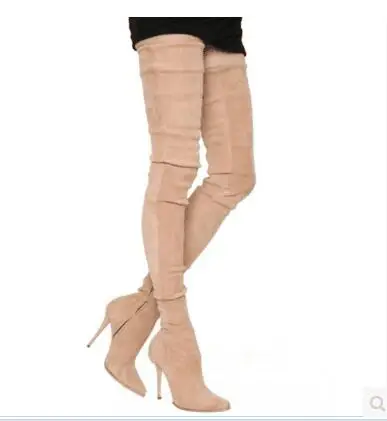 

New 2017 super high length over knee high gladiator boots suede leather thigh high booties point toe beige bota thin heel shoes