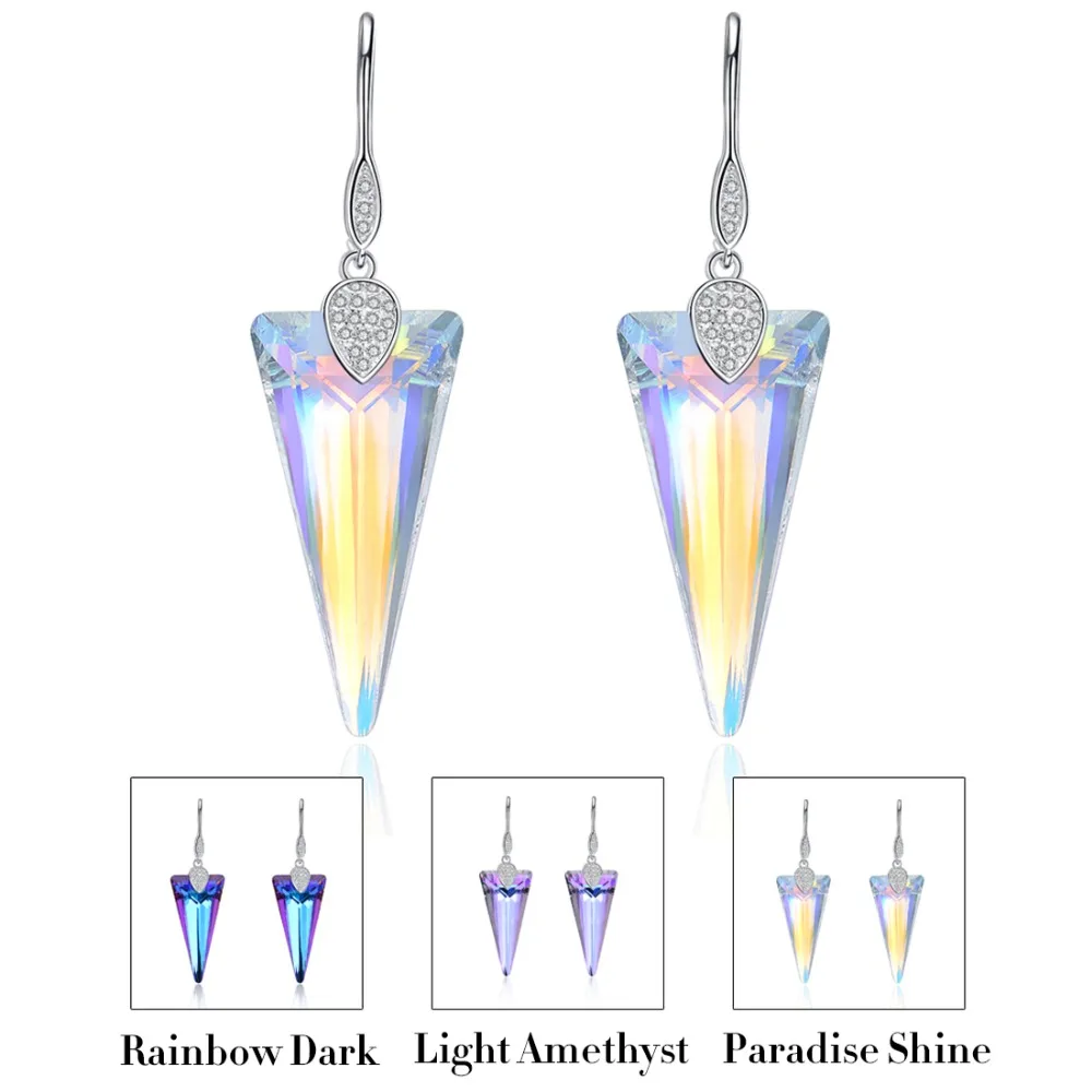 

925 Sterling Silver Fine Jewelry Color Changing Austrian Crystal Triangle Big Dangle Earring for Women with Jewelrybox