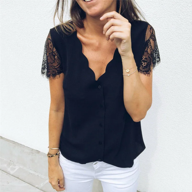 

Women Solid Black White Chiffon Blouses Wave V Neck Button Short Lace Sleeve Casual Blouse Woman Ladies Holiday Top Shirt Blouse