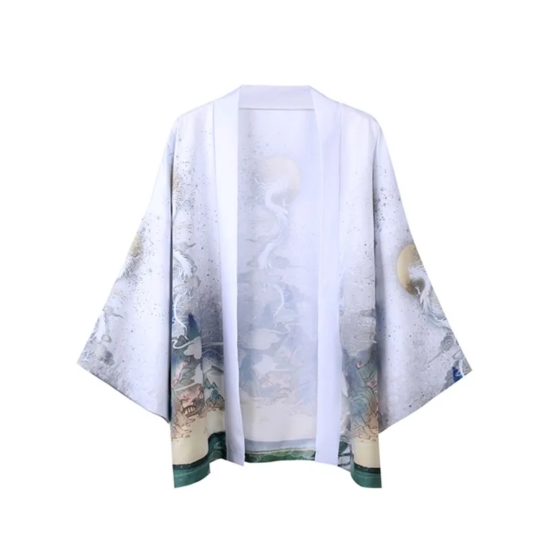 

Men Long Sleeve Shirt Summer New Luxury Retro Robe Chinese Style Leisure No Buckle White Print Loose Fashion Apparel Vacation
