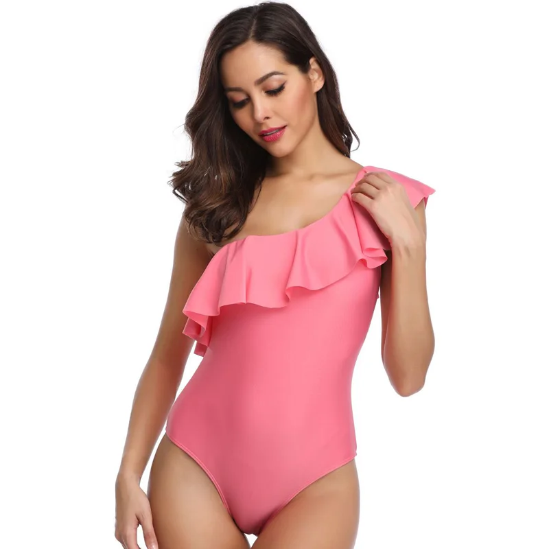 

2019 Swimwear Women Sexy Swim Suit Bathing Suit Feminine Push Up Backless Shoulder Ruffle Solid Black Gray Pink Vintage Retro