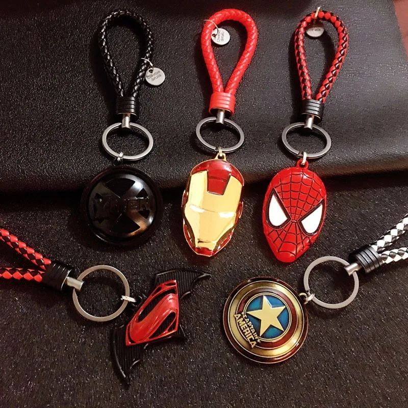 

Marvel Avengers Spiderman Batman Captain America Shield Keychain Alloy Handwork Leather Rope X-men Figure Drop Shopping
