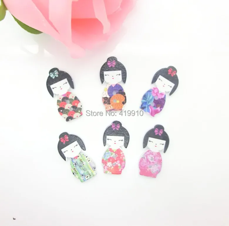 Free shipping -100PCs Random Mixed Lovely Japanese Kimono Doll 2 Holes Wood Painting Sewing Buttons Scrapbooking 15x30mm J1508 | Дом и сад