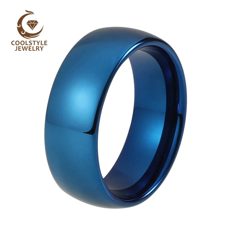 

8mm Tungsten Carbide Wedding Band for Men Women Blue Plated Domed Polished Shiny Comfort Fit Custom Engraving on Top