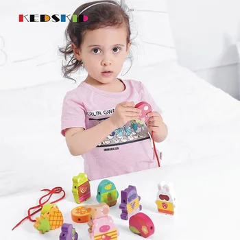 

wooden toys Cartoon Animals Fruit Block Stringing Threading Beads Game Education Toy for Baby Kids Children