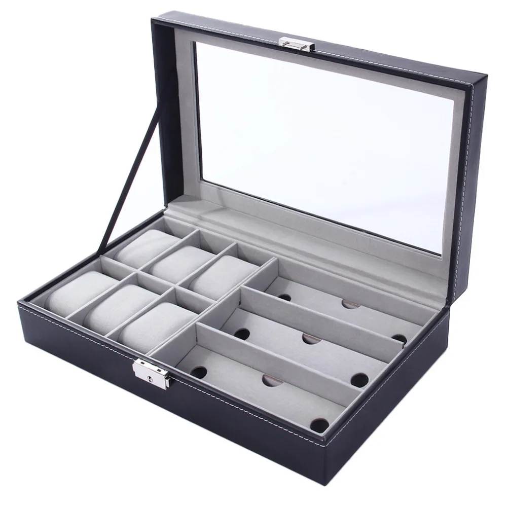 

6+3 Grids PU Leather Watch Sunglasses Display Holder Storage Box Organizers Casket Jewelry Case Luxury Gifts Relogio Masculino