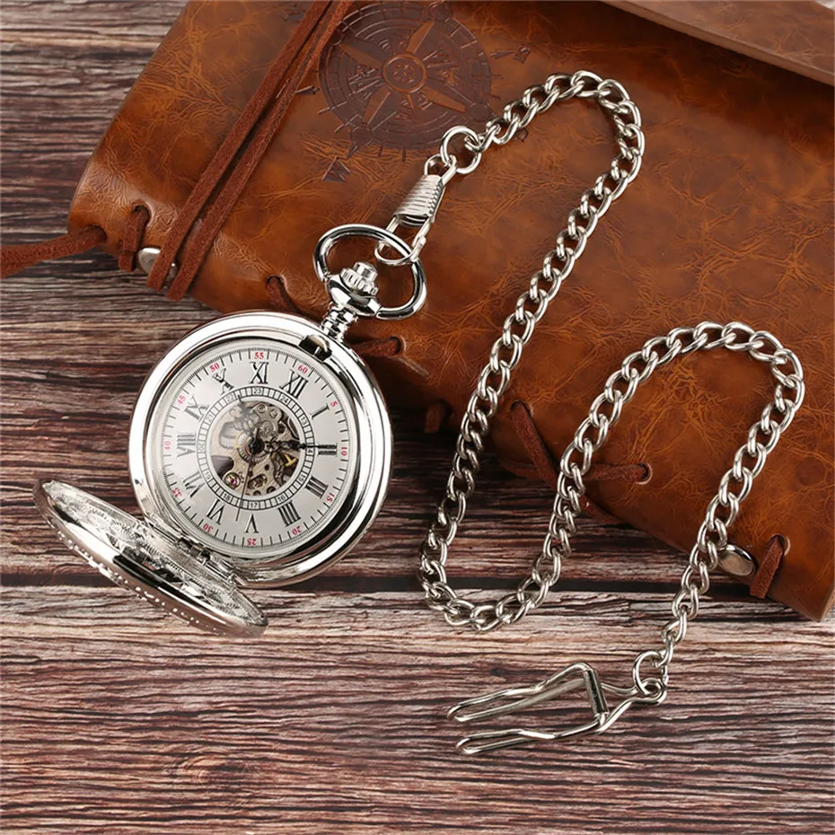 Silver Hollow Gear Roman Mechanical Pocket Watch Chain Classic Hand Winding Clock Roman Number Men Women Children Clock  (9)