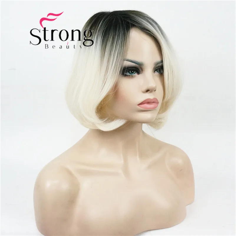 

Short Straight Dark to Blonde Ombre Bob, Side Swept Bangs High Heat Resistant Full Synthetic Wig
