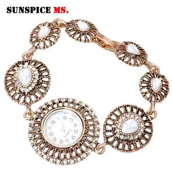 

SUNSPICE MS Morocco Vintage Round Wrist Watch Charm Bracelet For Women Hollow Metal Chain Turkish Design Indian Wedding Jewelry
