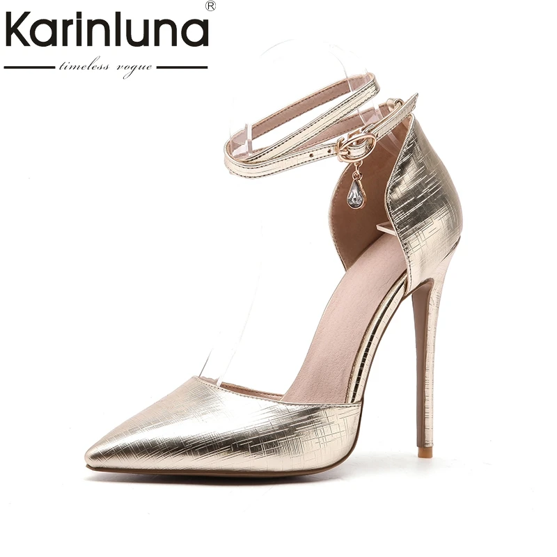 

KarinLuna 2018 new large size 33-48 buckle strap women shoes pointed toe thin high Heels shoes woman pink Party wedding Pump