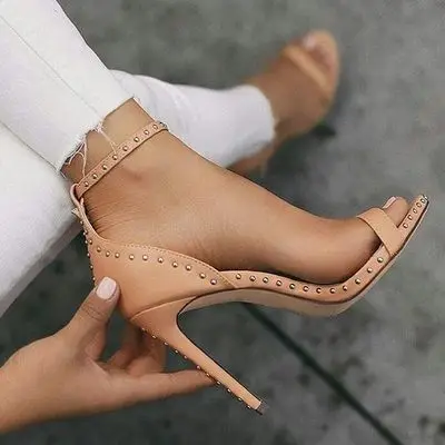 

Fashion rivet stiletto sandals one strap open toe cut out ankle buckle high heel summer shoes cool black sexy studded woman shoe