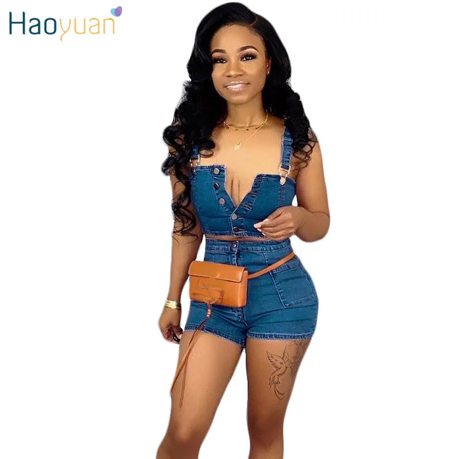 

HAOYUAN Plus Size Denim Two Piece Set Women Sexy Club Outfits Crop Tops and Jeans Shorts Summer Matching Sets Festival Clothing