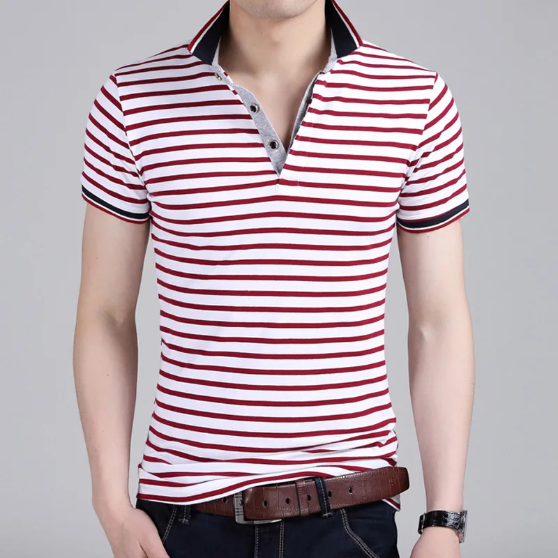 New Korean Men's Cotton Lapel Stripe Short sleeved Polo Shirt Slim ...