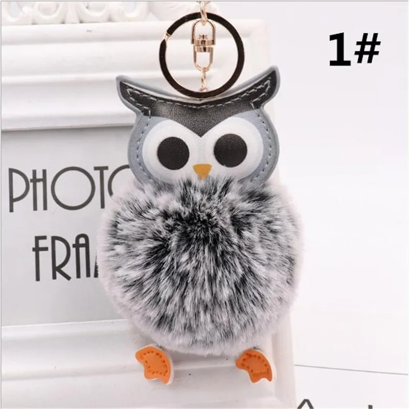 

Cute Pompom Owl Keychain pom pom Key Chain Rabbit Fur Ball Fluffy Leather Key Ring accessories Jewelry B088