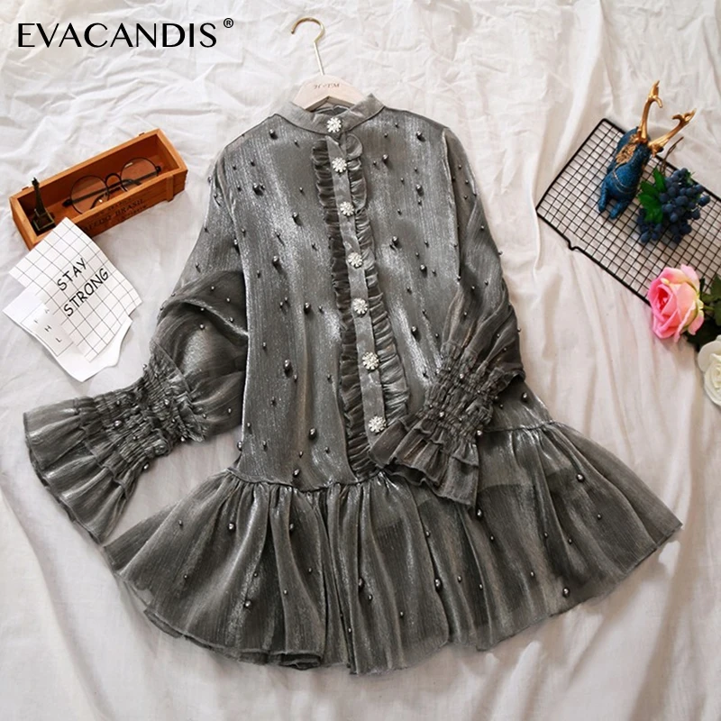 

Beading Ruffle Shirt Dress Long Sleeve Elegant Organza Korean Silver White Black Elegant Short Mini Summer Dress Women Vestidos