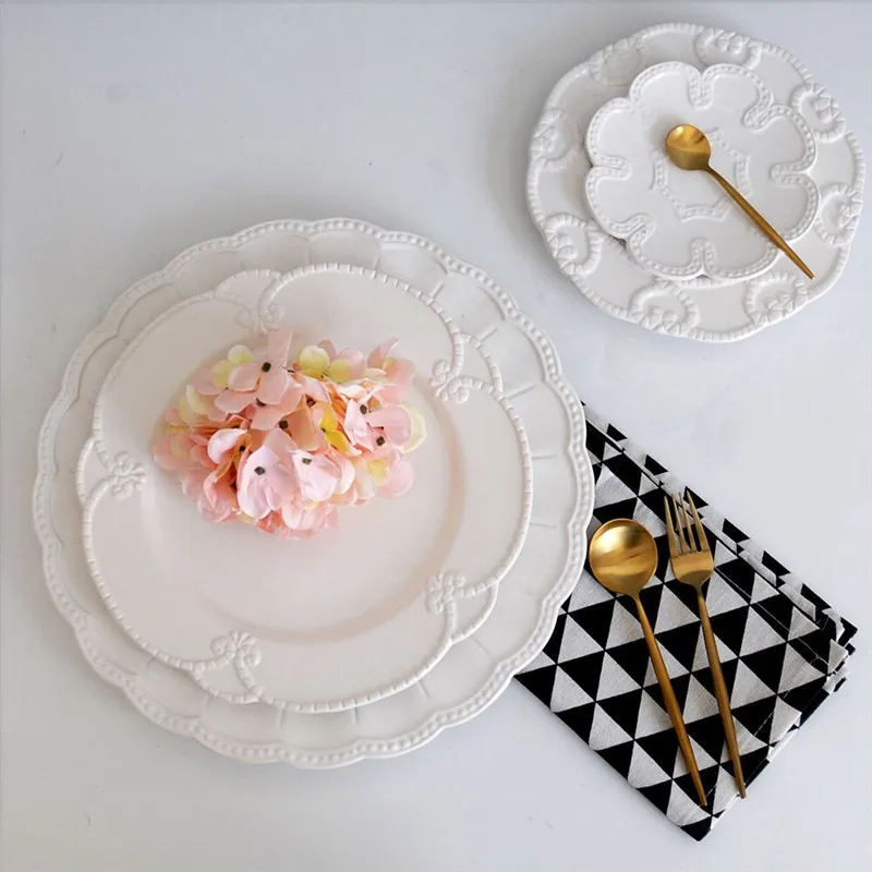 Food Tray Dessert Flat Plate, Steak Dish, Dinnerware, Elegant, Soild White, Delica Basso-relievo, Wedding Dinner Plate Utensil,