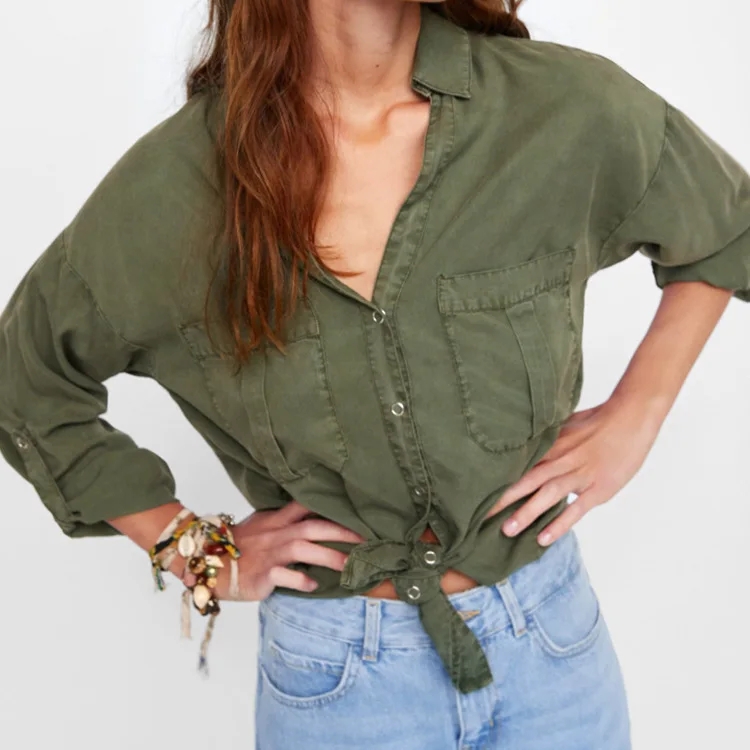 المرأة كم طويل قمصان عارضة v الرقبة أعلى