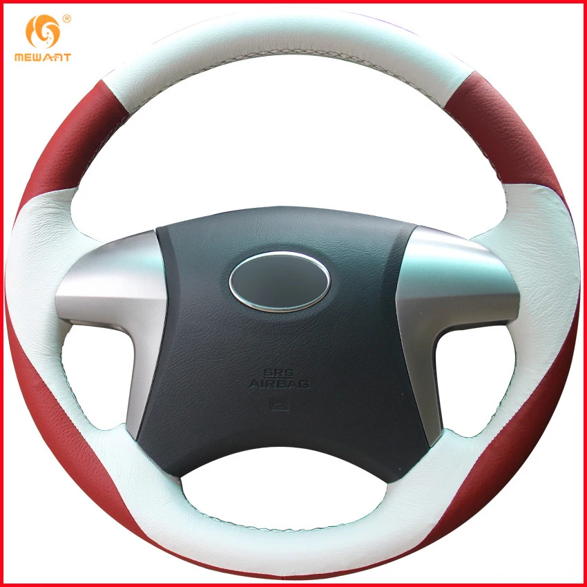 MEWANT White Red Genuine Leather Car Steering Wheel Cover for Toyota