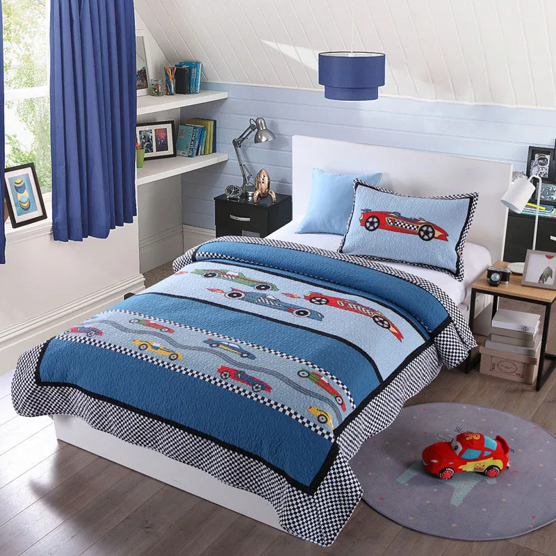 

CHAUSUB Kids Bedspread Quilt Set 2pc Cotton Quilts Racing Car Applique Bed Cover Pillowcase Boys Coverlet Twin Size Blanket Blue