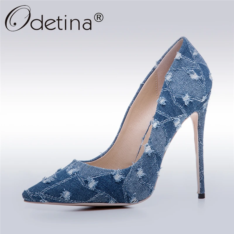 Odetina 2017 New Fashion Women Denim High Heels Ladies High Stiletto