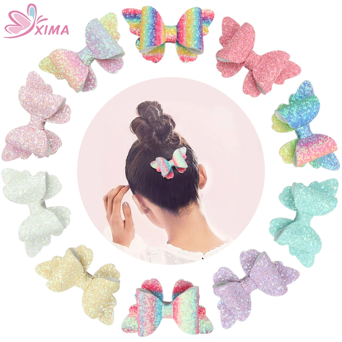 

XIMA 10pcs/lot 3inch Glitter Butterfly Hair Clips Rainbow Hair Bows Hairpins Children Women Hair Accessories for Party Gift