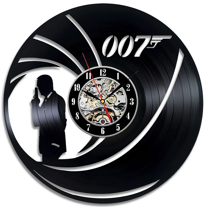 

Creative 007 James Bond Vinyl Reord Clock Black Hollow Round Antique Style Hanging Wall Clock Home Decor