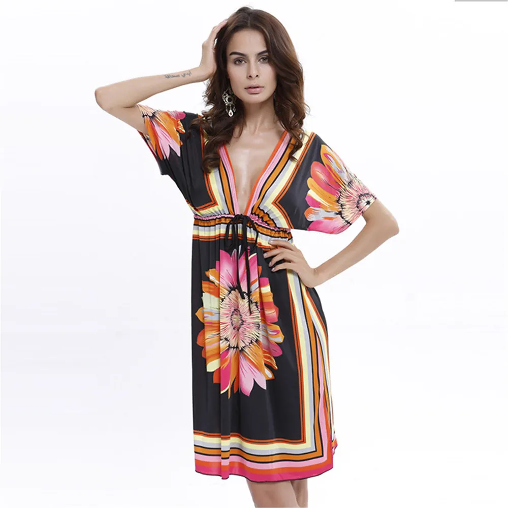 Sexy Beach Vacation Dress Boho Style Summer Women Dress Sexy Sundresses Deep V Ethnic Floral Print Tunic Beach Dresses (8)
