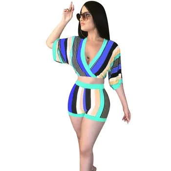 

Summer Deep V-Neck Short Sleeve Street Suits Sexy Club Crop Tops And Shorts Two Piece Set Women Striped Print Sexy Outfits