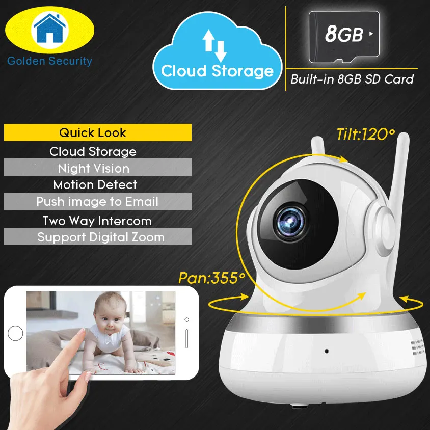 

Golden Security Cloud Storage WiFi Digital Zoom Camera Video Surveillance Security Camera Motion Detection Baby Monitor 8GB Card