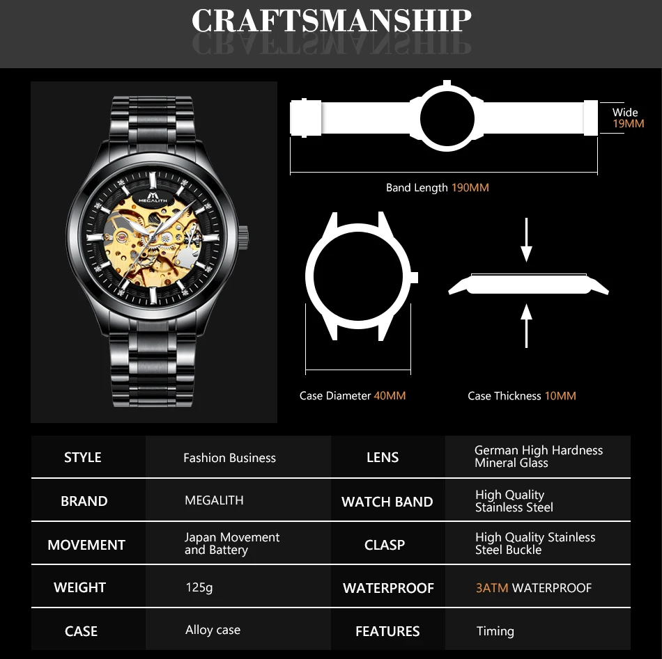MEGALITH роскошные часы Мужские механические Автоматические часы военные водонепроницаемые полностью стальные стимпанк Скелет наручные часы Montre Homme