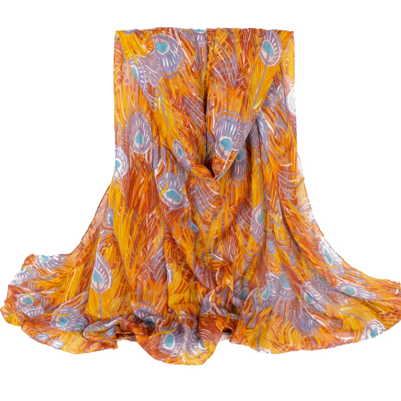

2019 Fashion Lightweight Women's Spring Scarf Orange Feather Print Polyester Large Soft Warm Beach Shawl And Warps 180*110 cm
