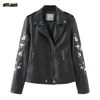 

2019 Motorcycle Jackets For Women Loose Short Coat Turn-down Collar Zipper Embroidery Floral Casual Leather Jacket Female Autumn