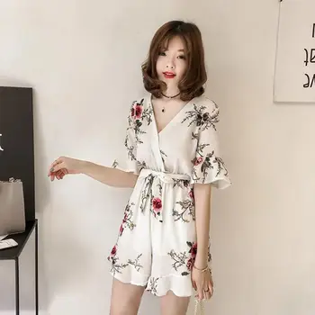 

Vintage Women V Neck Ruffles Short Sleeve Rompers Floral Print Playsuits Boho Women Jumpsuits With Sashes