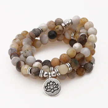 

New Design 8mm Natural Bamboo Leaf Onyx Bracelet 108 Mala Lotus Pendant Bracelet Chakra Necklace Yoga Prayer Jewelry Dropship