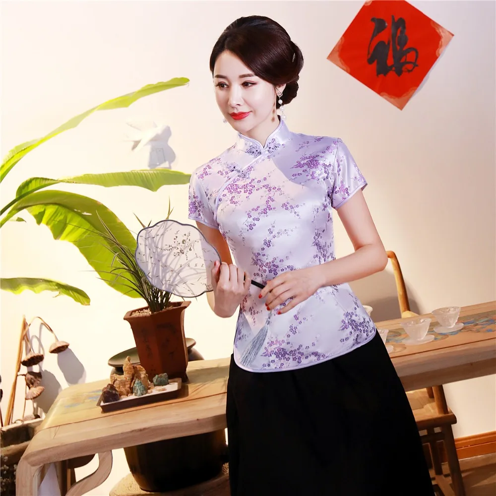 Шанхай история короткие Cheongsam Топ Традиционный китайский искусственный шелк/Атласный топ Дракон и Феникс Вышивка Блузка Топ Qipao рубашка