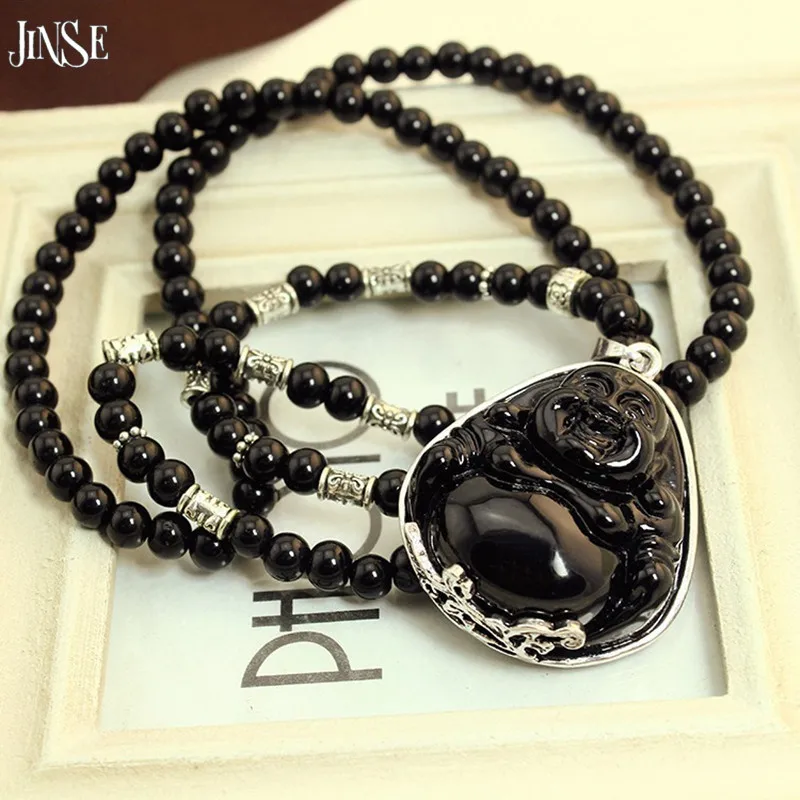Jinse Silver Plated Black Beads Long Pendent Necklace Buddha Beads