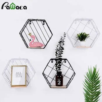 

Iron Wall Shelves Wall Mounted Hexagon Metal Wire Hanging Shelf Mesh Wall Storage Rack with Wood Storage Holder Wall Decoration