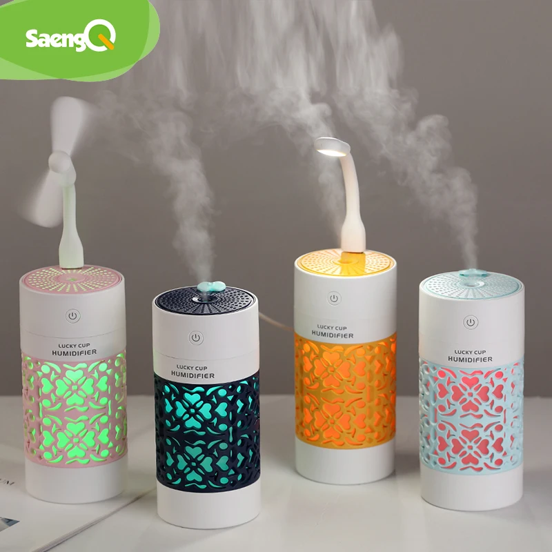 

saengQ Air Humidifier with LED Night Lamp Mini Fan Essential Aroma Oil DiffuserUSB Fogger Mist Maker for Home Office Car