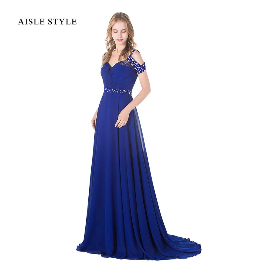 Проход Стиль С Плеча Пром Платья Sparkly Бисером-Линии Royal Blue Длиннее Шифоновое
