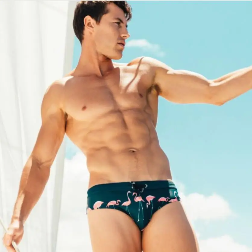 

New Bandage Flamingo swimwear men Swimsuit men Swimming Trunks zwembroek heren Beachwear Sexy Briefs Shorts bathing suit 091