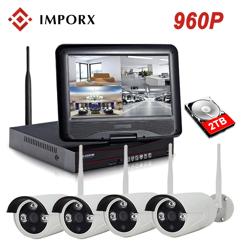 

960P 4CH Wireless NVR Kit With 10 LCD Monitor Screen Wifi CCTV System 1.3MP IP Camera Outdoor Home Security Surveillance Kit
